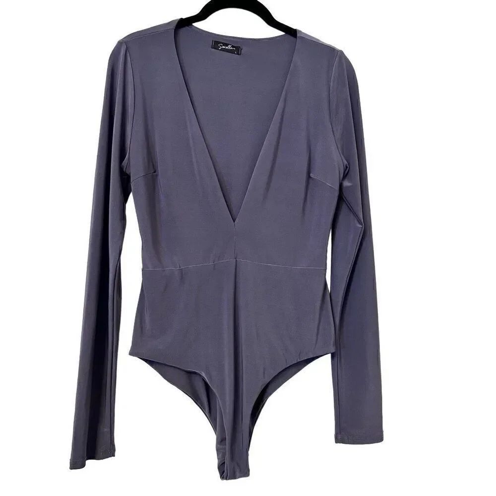 Sorella Plunge V-Neck Long Sleeve Jersey Knit Bodysuit Slate Blue Gray Large